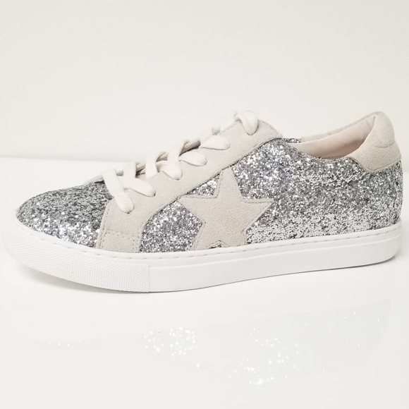 Silver Glitter Lace Up White Star Platform Sneaker - Picture 4 of 7